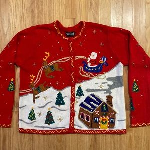 Vintage Christmas Sweater Cardigan Santa Reindeer Snow sleigh